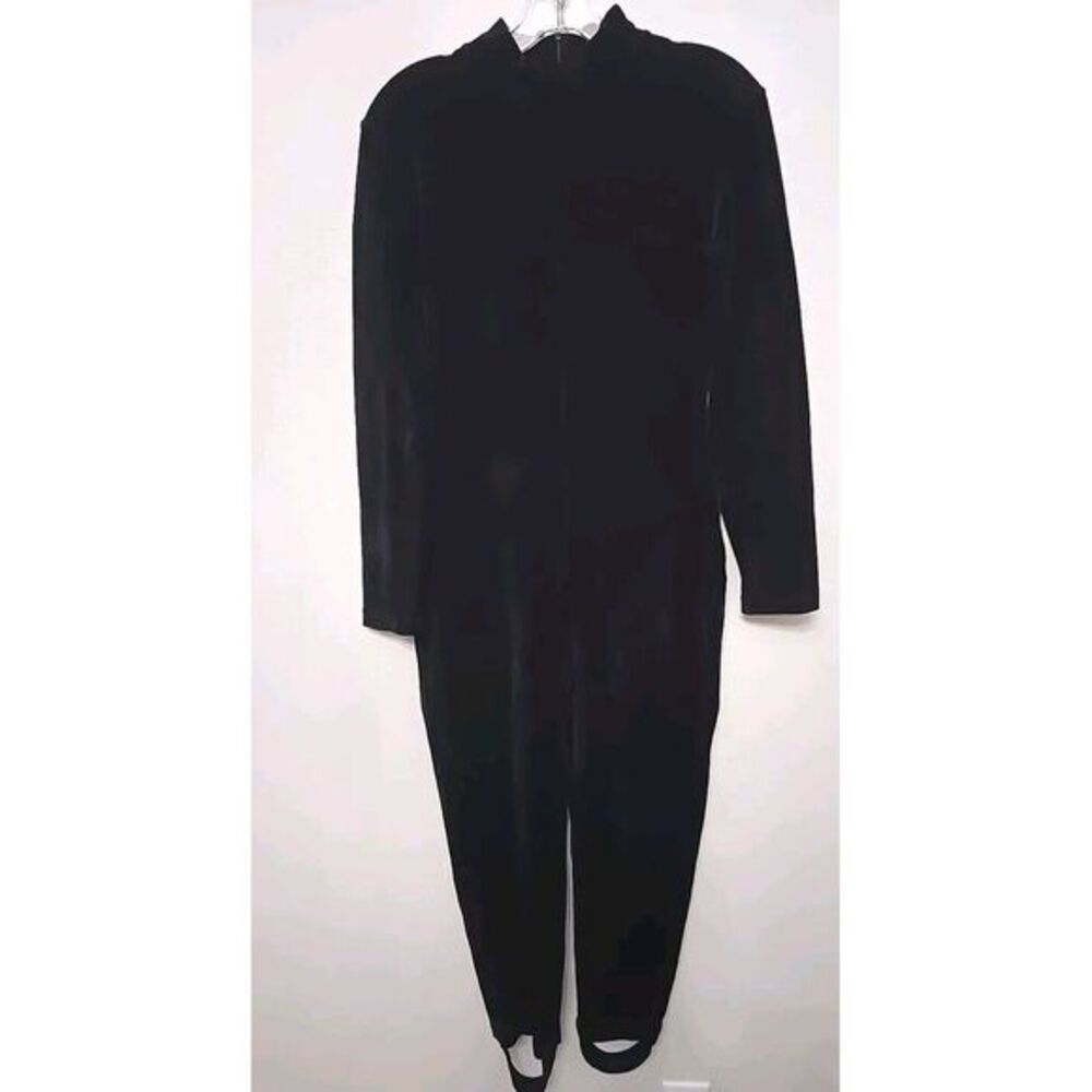 Vintage 80s Cache Black Velvet Unitard Jumpsuit Sz M Mock Neck Soft Stretchy
